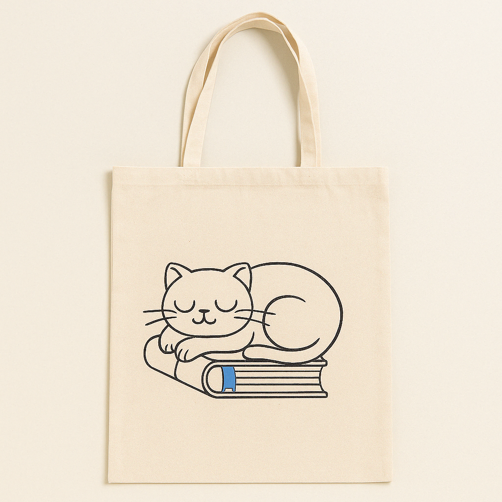 Tote bag de algodón ecológico con diseño de gato dormido sobre libros. Ideal para amantes de los gatos, solidaria y única. Disponible en CES Gatos Elche.
